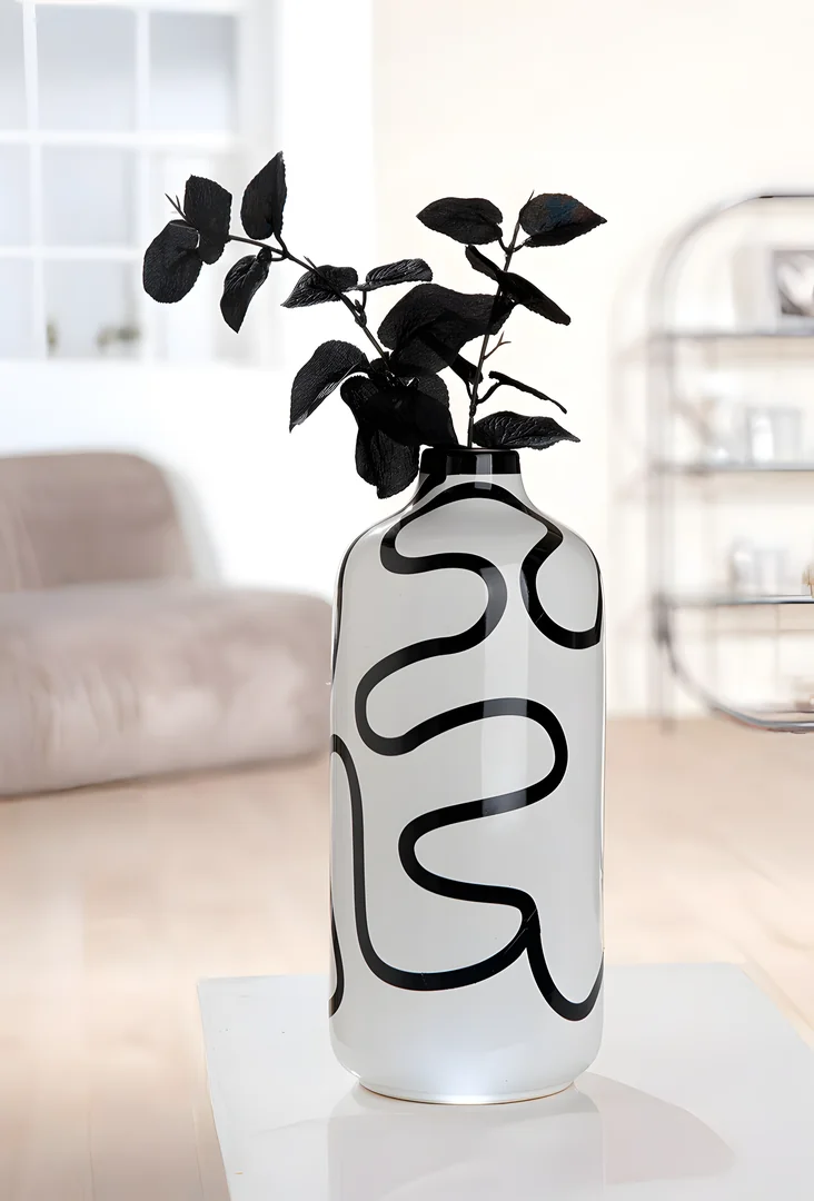 Modern Abstract  White Ceramic Flower Vase with Curved Single Line Design