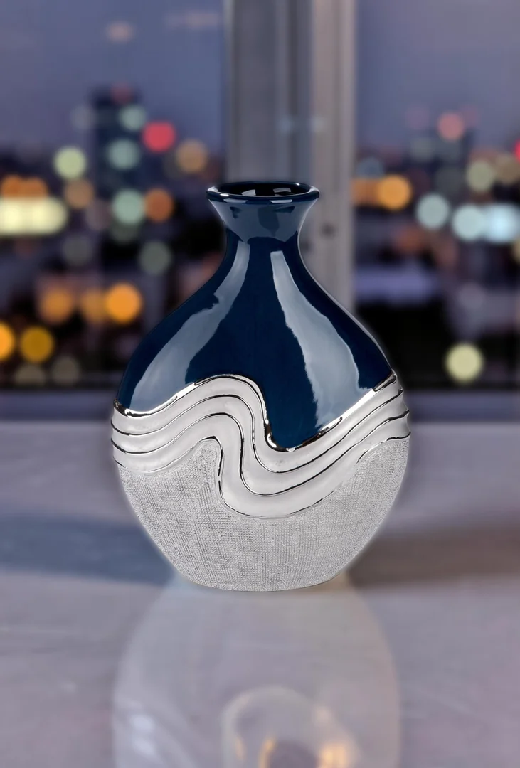 Dark Blue Modern Ceramic Vase with Silver Wavy Design 