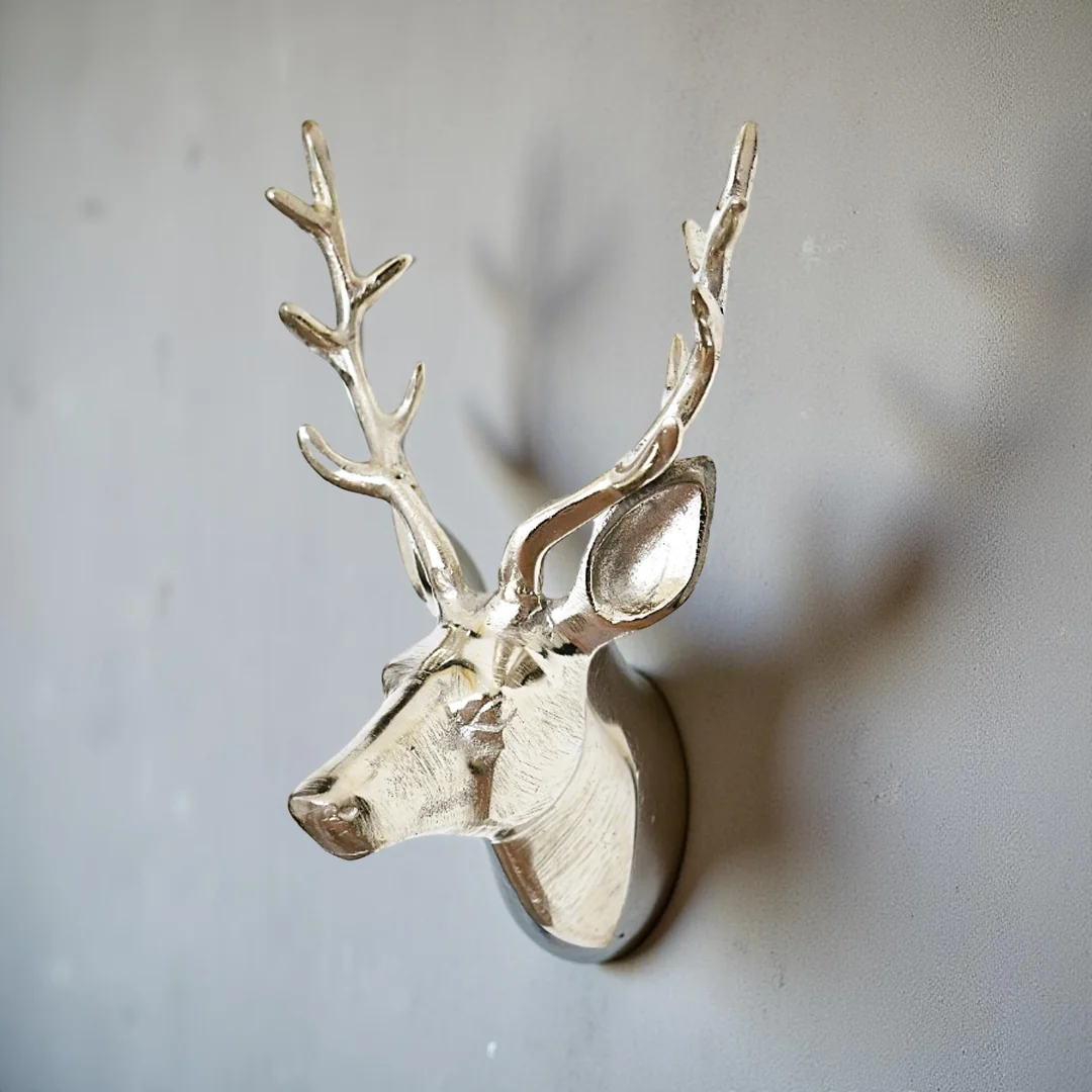 Decorative Metallic Stag Head Wall Décor - 30cm Silver Stag Sculpture