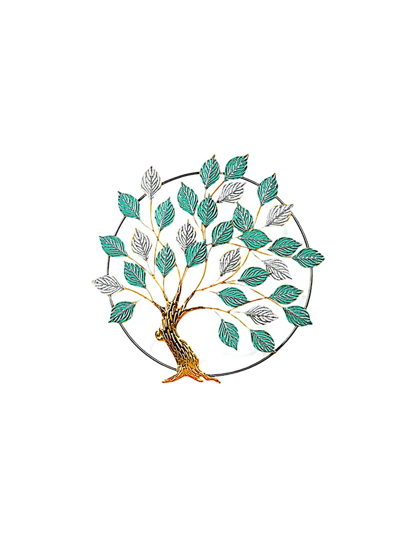 Metal Tree of Life Wall Art – Gold Trunk & Green Leaves, Large Round Décor 