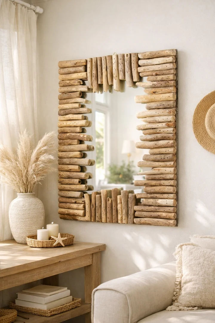 Handmade Driftwood Wall Mirror – Rustic Coastal Boho Round Frame, 40 cm