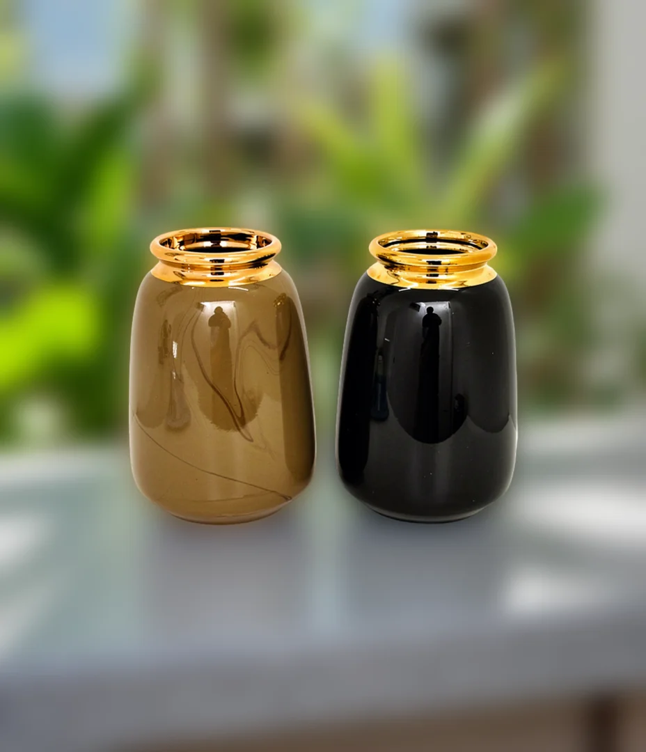 Glass Vase Set of 2 with Gold Trim 23cm  Olive Green & Black  Vases 