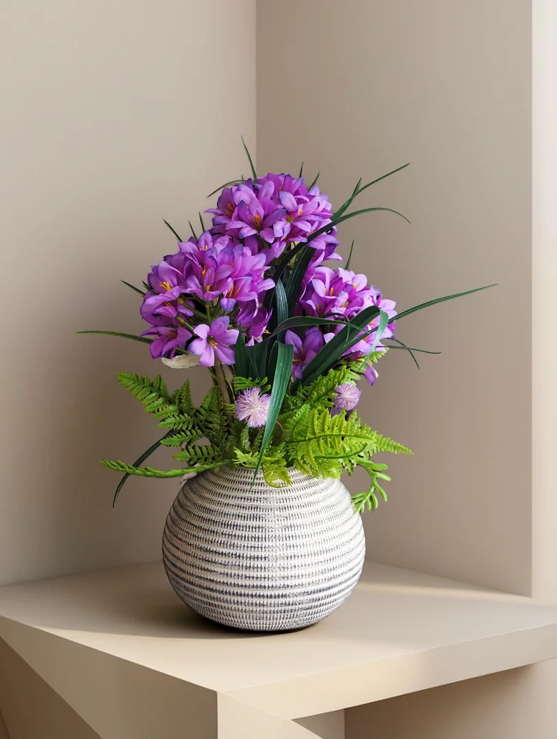 Purple Artificial Flower Arrangement with Fern in Textured Pot – 49 cm 