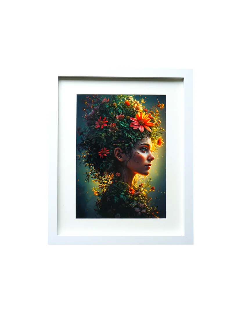 Framed Botanical Woman Art Print – Floral Crown Portrait Wall Décor, 38 x 31 cm