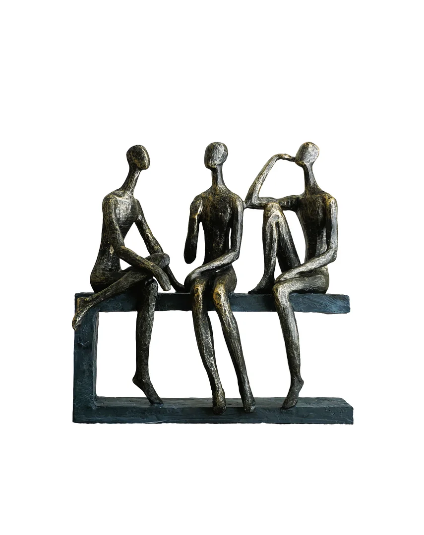 Friends Conversation Bench Sculpture  Resin Figurine, Gray Modern Art