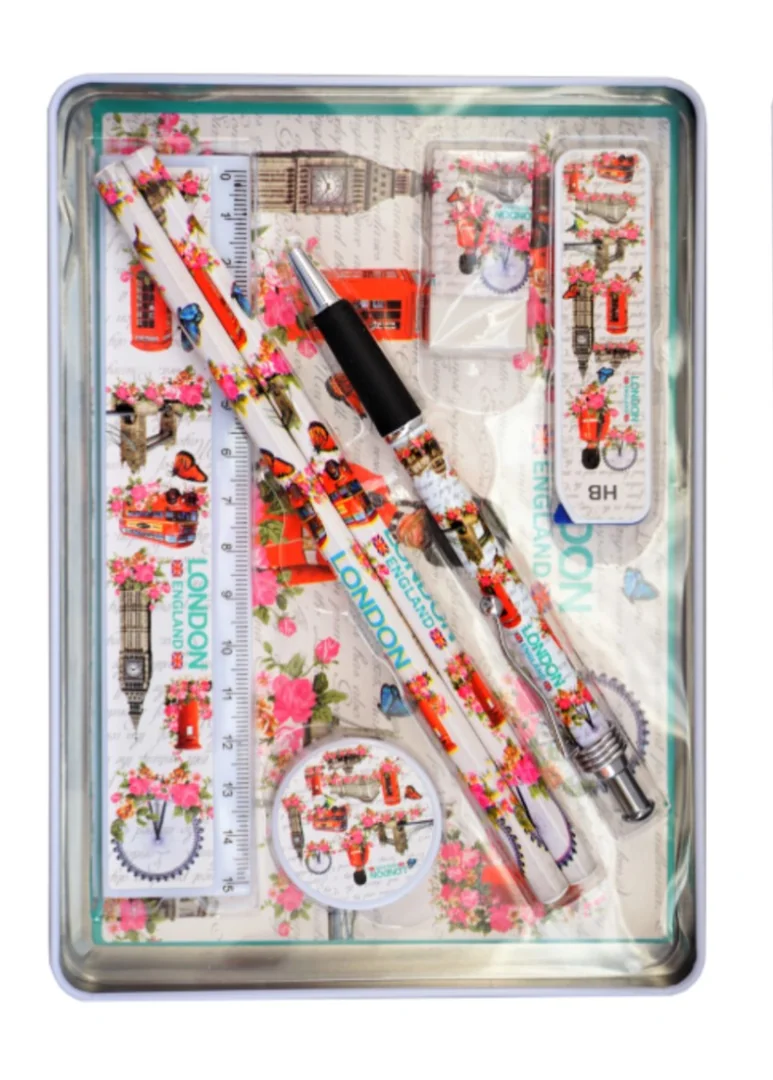 Famous London City Scenes Printed Metal Tin Pencil Case Stationery Set 