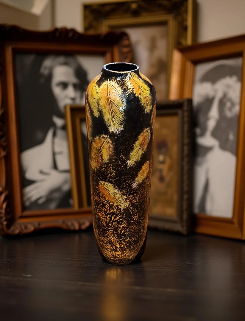 Black Ceramic Vase with Gold Leaf Pattern – 60cm Tall Narrow Decorative Vase